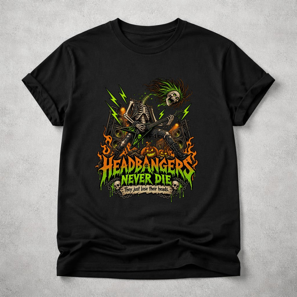 Camiseta Headbangers Never Die para hombre y unisex, camiseta de Halloween de metal con esqueleto guitarrista, regalo divertido para rockeros