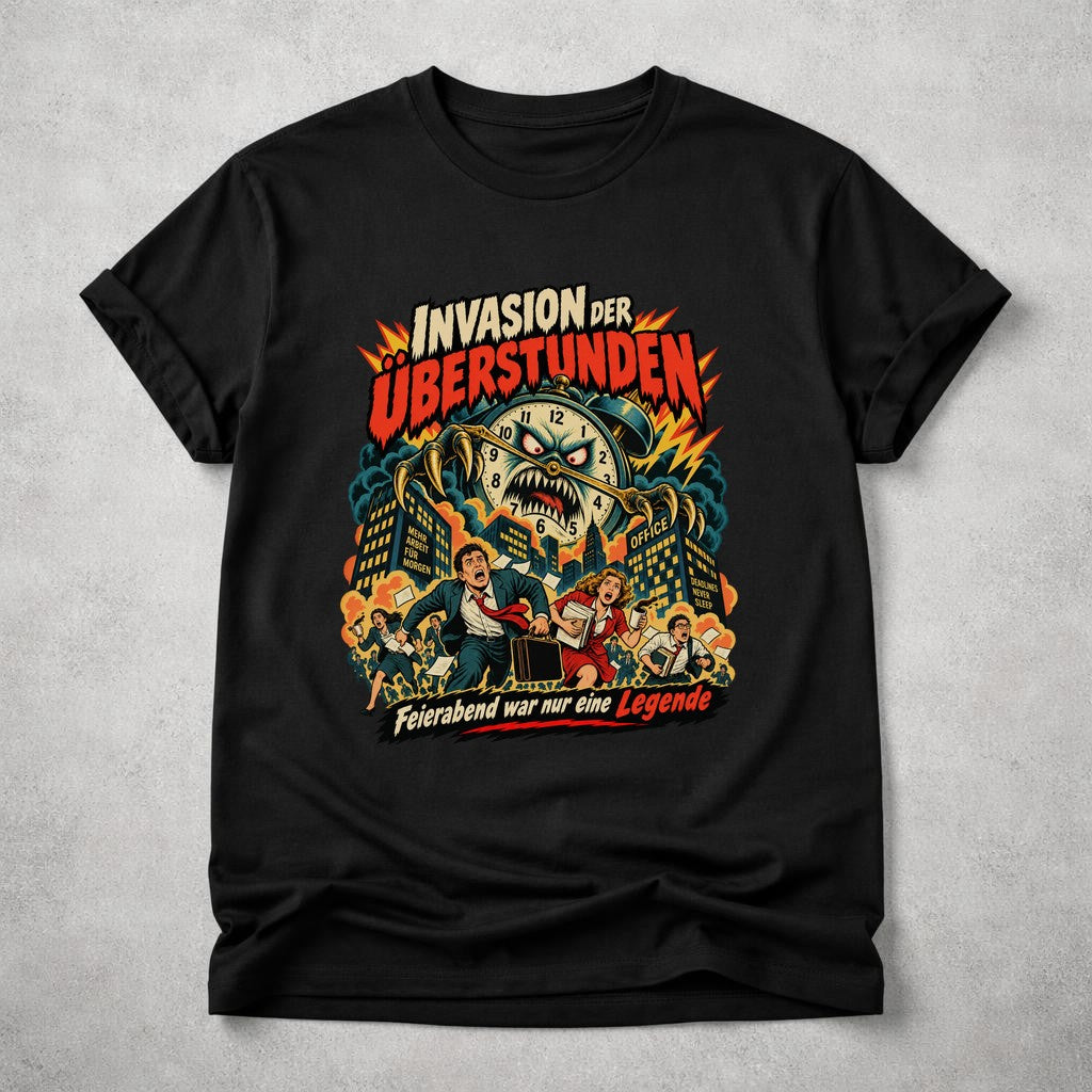 Camiseta para hombre "Invasión de horas extras", frase divertida de oficina, diseño retro de monstruo con reloj, leyenda del fin de jornada, regalo para compañero
