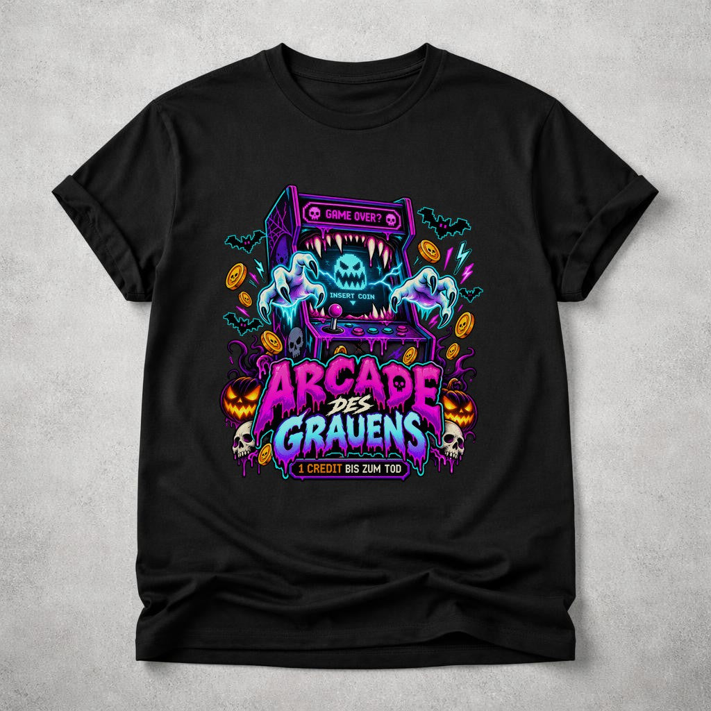 Arcade des Grauens T-Shirt Herren Damen, Horror Gamer Shirt, Halloween Retro Arcade Tee, Neon Grusel Funshirt Unisex