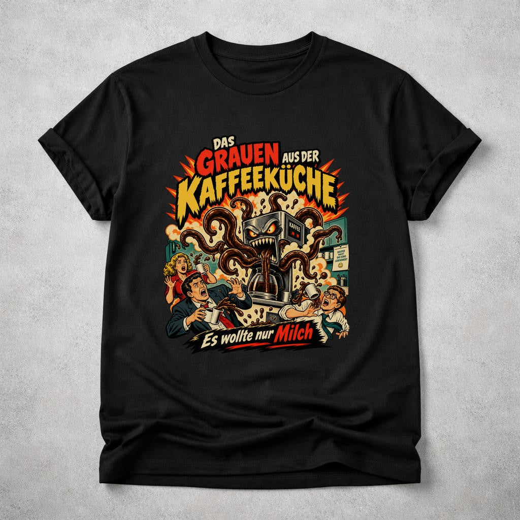 Lustiges Büro Kaffee T-Shirt Herren Damen – Das Grauen aus der Kaffeeküche – Sarkastisches Funshirt Arbeit