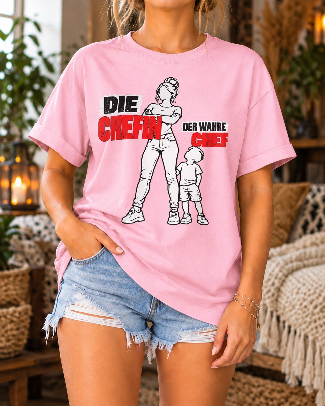 Mama Statement T-Shirt Damen lustig – Die Chefin Der Wahre Chef, Geschenk für Mutter, Oversized Funshirt