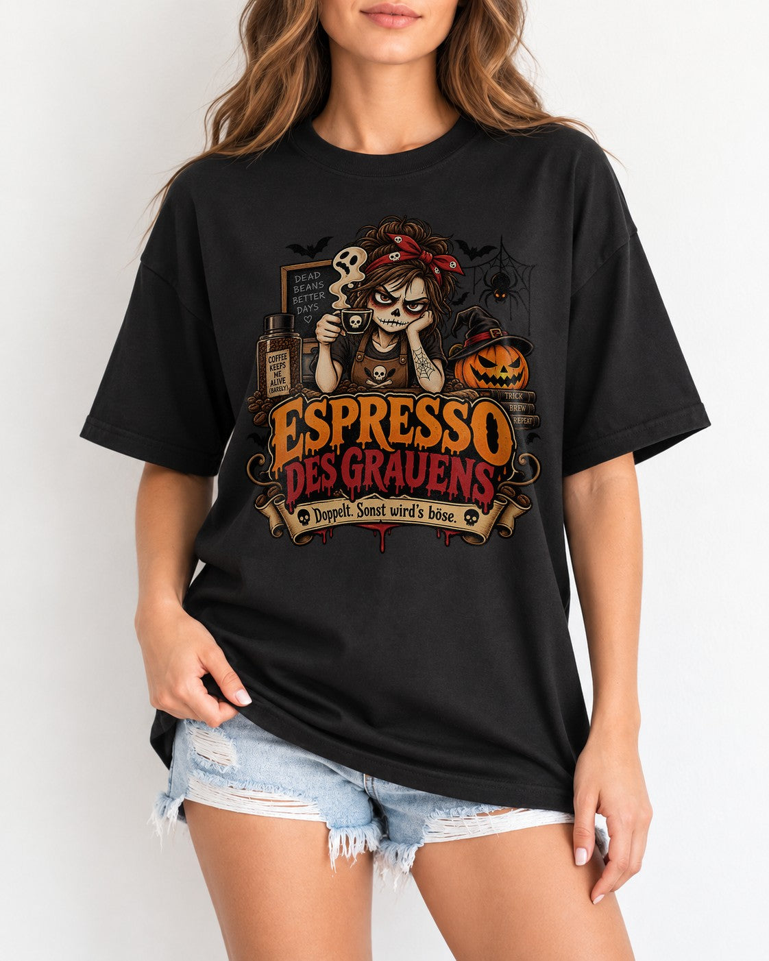 Espresso des Grauens T-Shirt Damen Halloween Kaffee Gothic Shirt lustig Koffein Spruch Herbst Hexe Pumpkin Tee