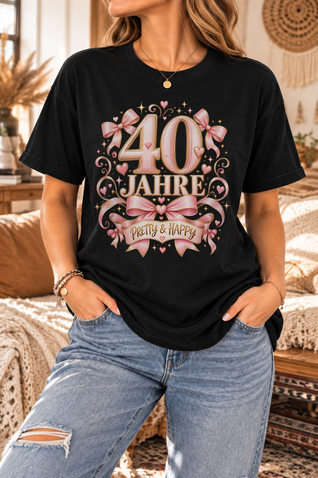 Personalisiertes Geburtstag T-Shirt Damen mit Alter – Pretty & Happy Schleifen Shirt Geschenk