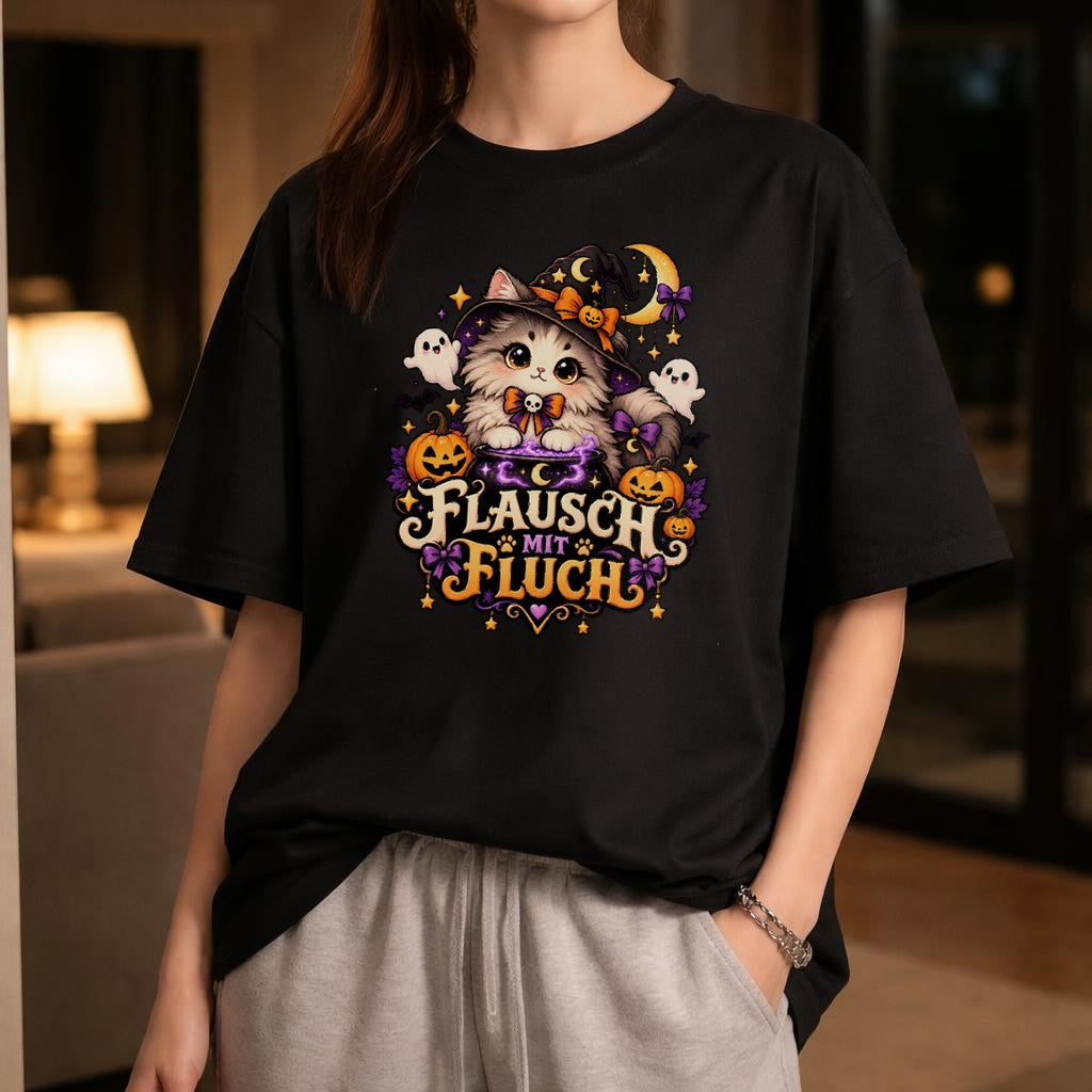 Flausch mit Fluch Halloween Katzen T-Shirt Damen Oversized Hexenkatze Cute Spooky Herbst Shirt Geschenk