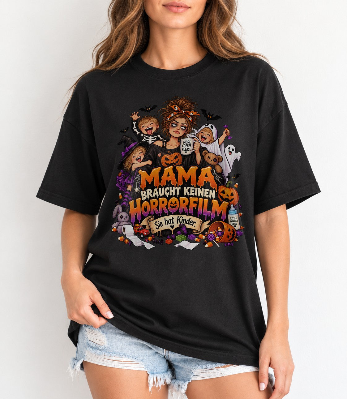 Halloween Mama T-Shirt lustig, Mama braucht keinen Horrorfilm sie hat Kinder, Grusel Mama Shirt Damen, Herbst Outfit