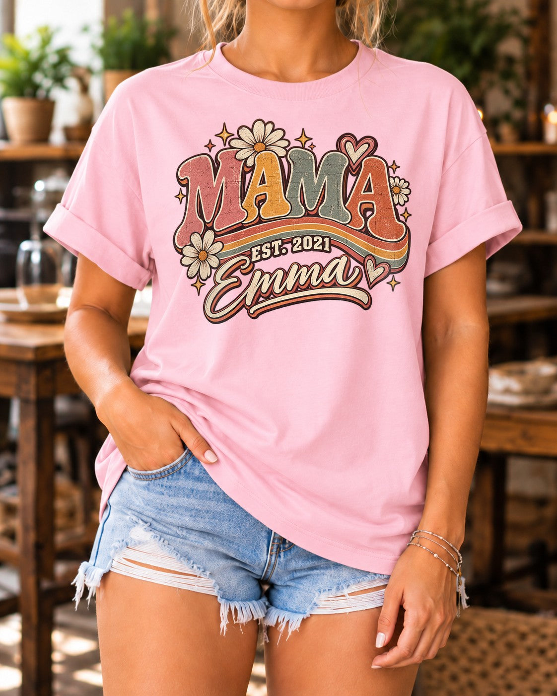 Personalisiert Mama T-Shirt mit Namen & Wunschjahr, Retro Blumen Vintage Geschenk für Muttertag, Mama Shirt Damen