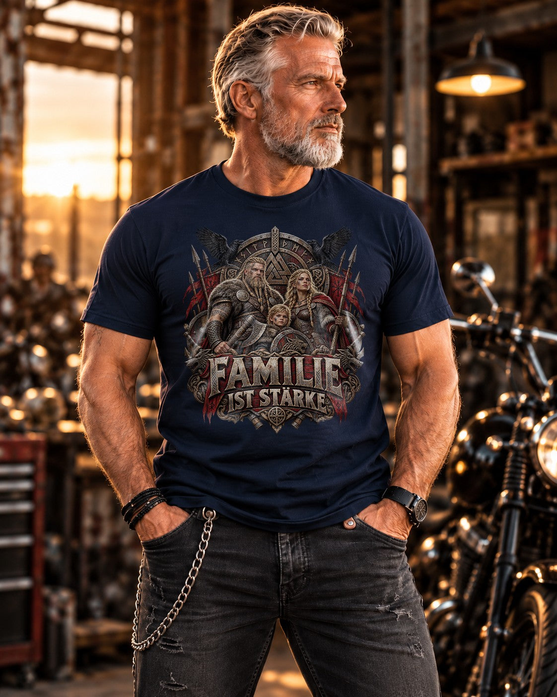 Familie ist Stärke Wikinger T-Shirt Herren, Nordisch Viking Shirt mit Runen, Krieger Familie Geschenk, Fantasy Print Tee