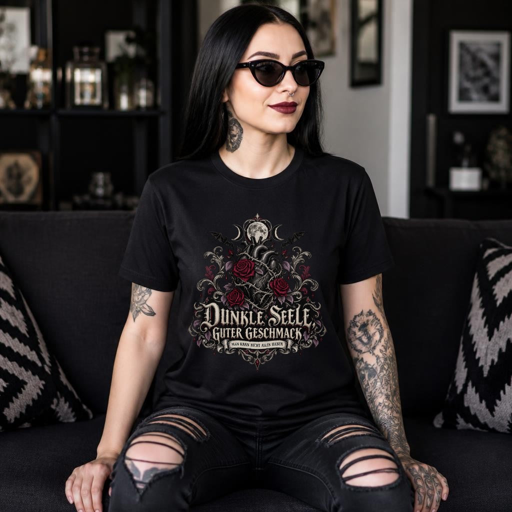 Dunkle Seele Guter Geschmack Gothic T-Shirt Damen mit Rosen und Herz – Dark Aesthetic Funshirt