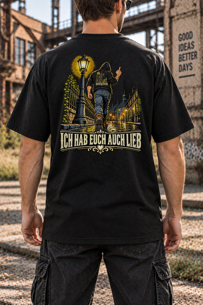 Ich hab euch auch lieb Backprint T-Shirt mit Nachtstadt Motiv und Mittelfinger Spruch, lässiges Herren Shirt Geschenk