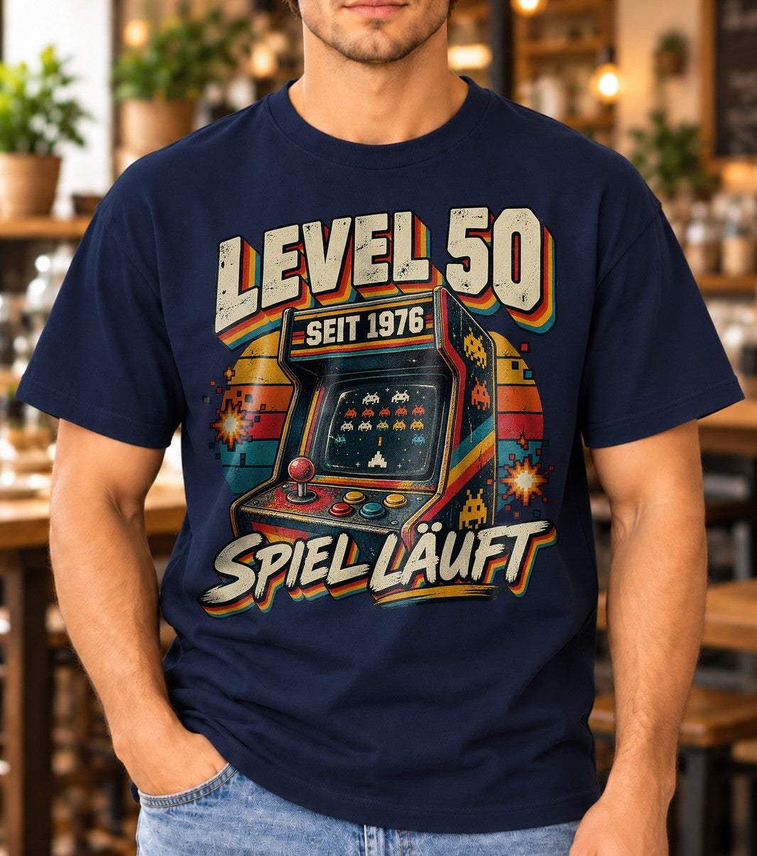 Level 50 Seit 1976 Spiel Laeuft T-Shirt, Retro Gamer Geburtstag 50, Vintage Arcade Shirt fuer Maenner und Frauen