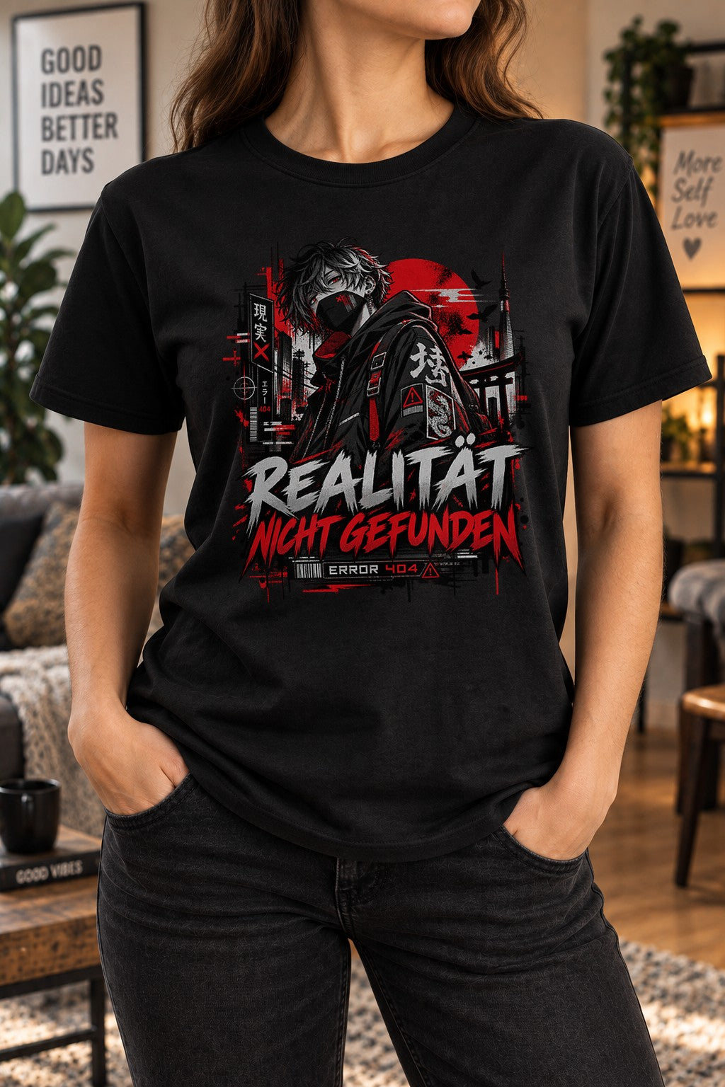 Realität Nicht Gefunden T-Shirt Anime Streetwear Damen Herren, Error 404 Cyberpunk Oversized Shirt Schwarz