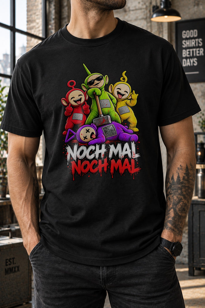 Nochmal Nochmal Shirt mit Horror Cartoon Motiv - schwarzes Fun T-Shirt fuer Kult TV Fans