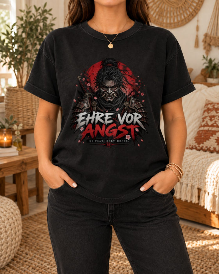Ehre vor Angst Samurai T-Shirt Damen Oversized, Japan Anime Streetwear, Vintage Washed Graphic Tee Geschenk