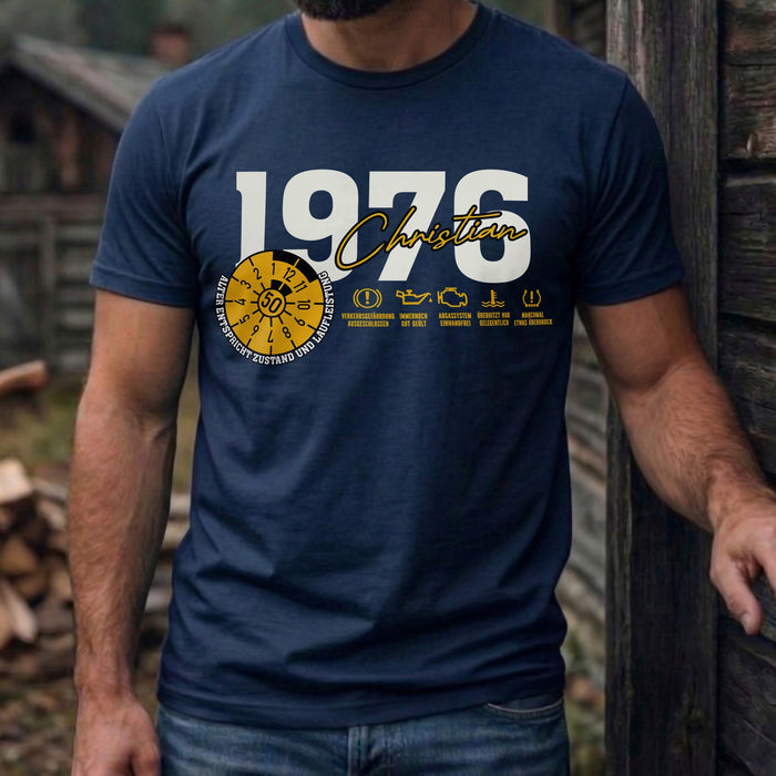 "TÜV Plakette 50. Geburtstag" Camiseta personalizada con nombre y año de fabricación 1976 – Divertido regalo para hombres por su 50 cumpleaños