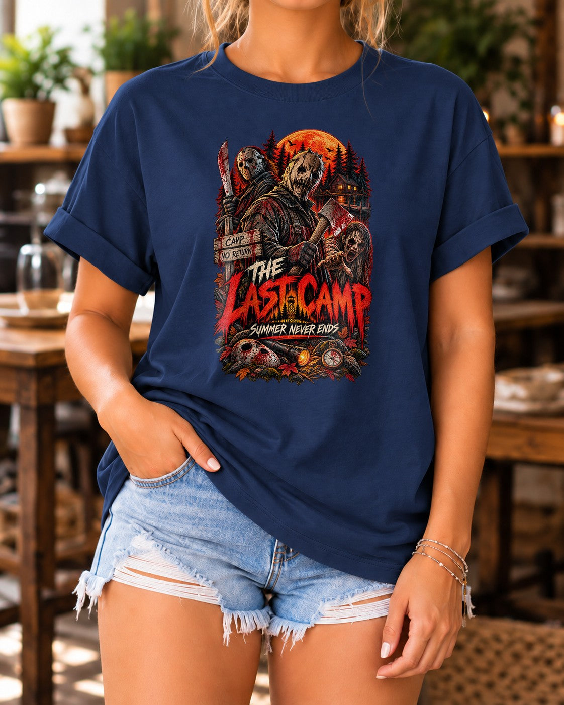 Horror Camp T-Shirt Damen Oversized, The Last Camp Summer Never Ends, Slasher Retro Halloween Shirt Unisex