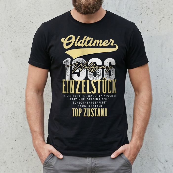 "Oldtimer Einzelstück" Personalisiertes T-Shirt mit Name & Baujahr 1966 – Lustiges Geschenk zum 60. Geburtstag für Männer, Papa & Opa