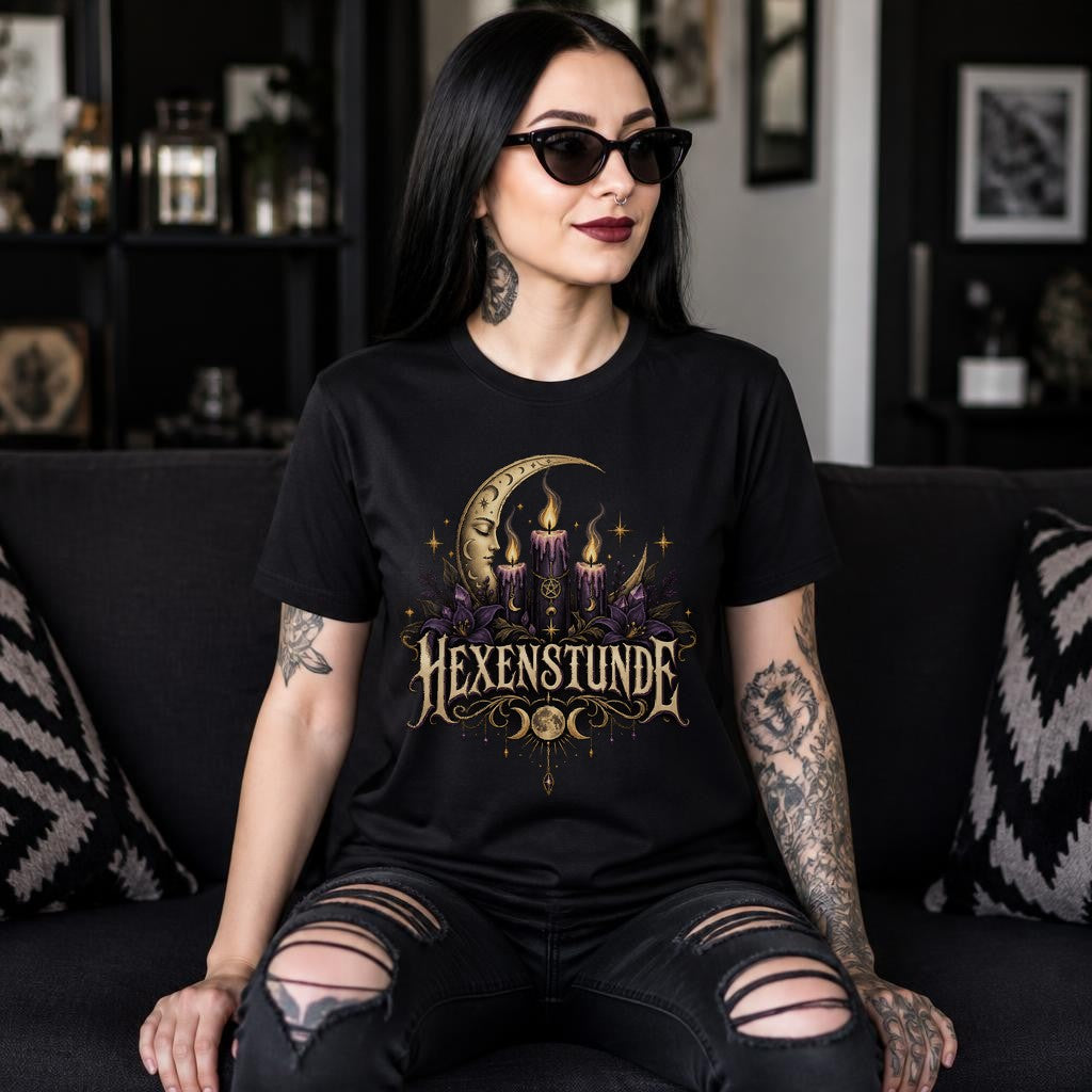 Hexenstunde Gothic T-Shirt Damen mit Mond, Kerzen & Witchy Print