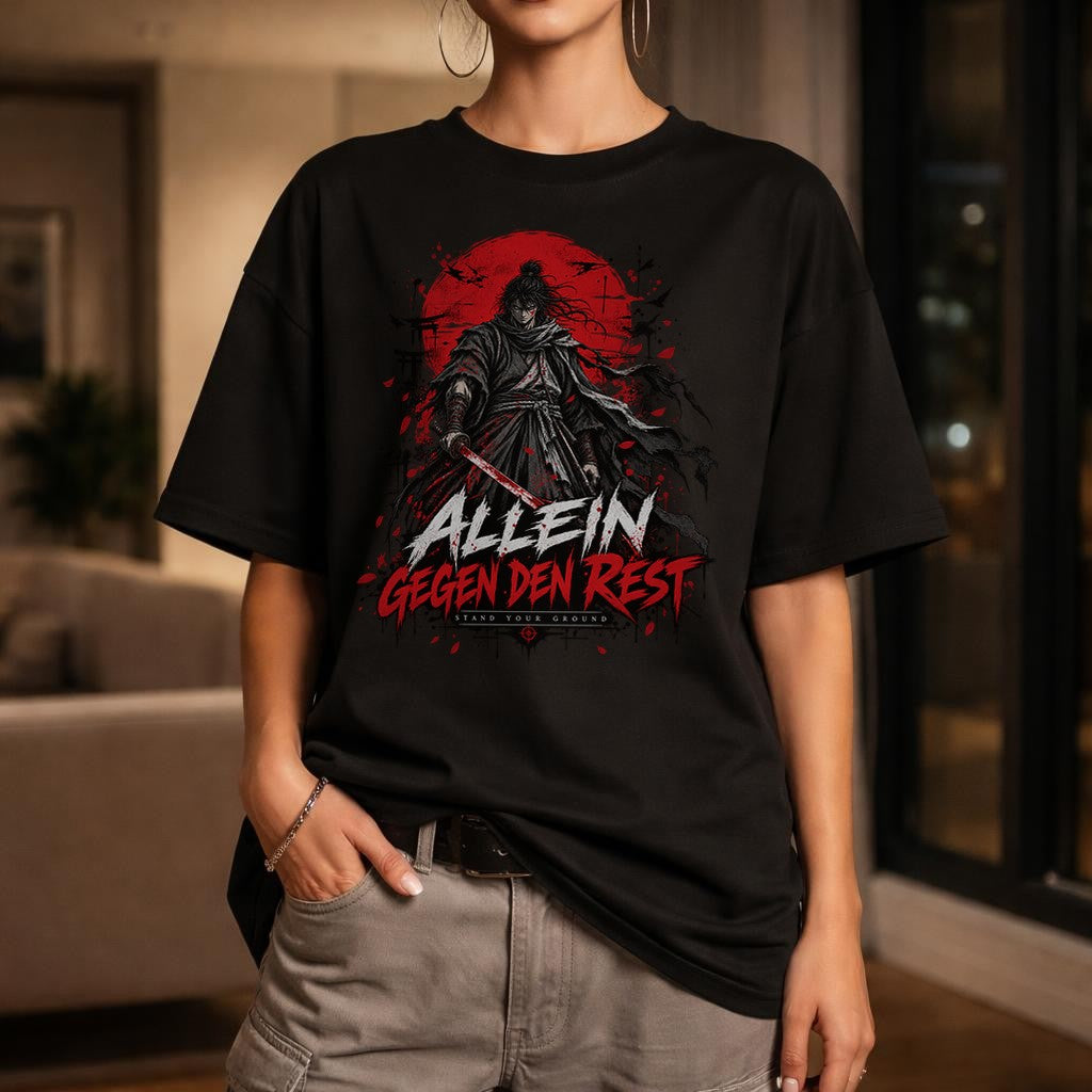 Allein Gegen Den Rest T-Shirt Damen Oversized, Samurai Anime Shirt Vintage Washed, Streetwear Grafiktee Schwarz