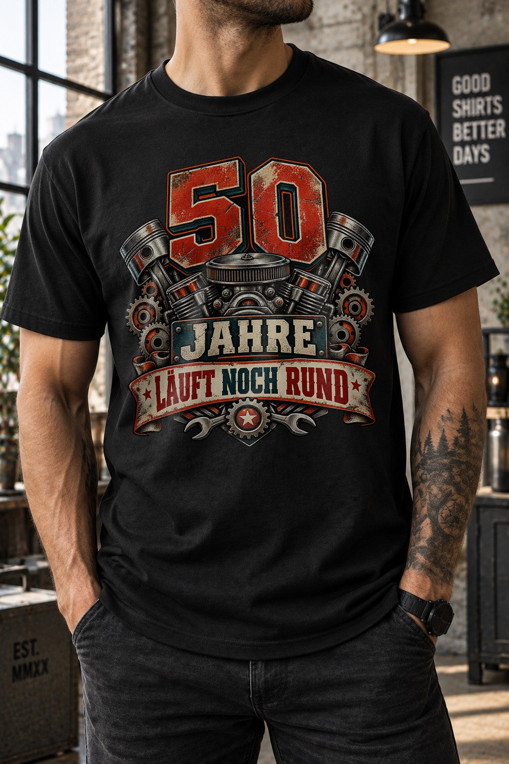 50 Jahre Läuft Noch Rund T-Shirt Herren Geburtstag Motorrad Schrauber Geschenk 50. Geburtstag Vintage