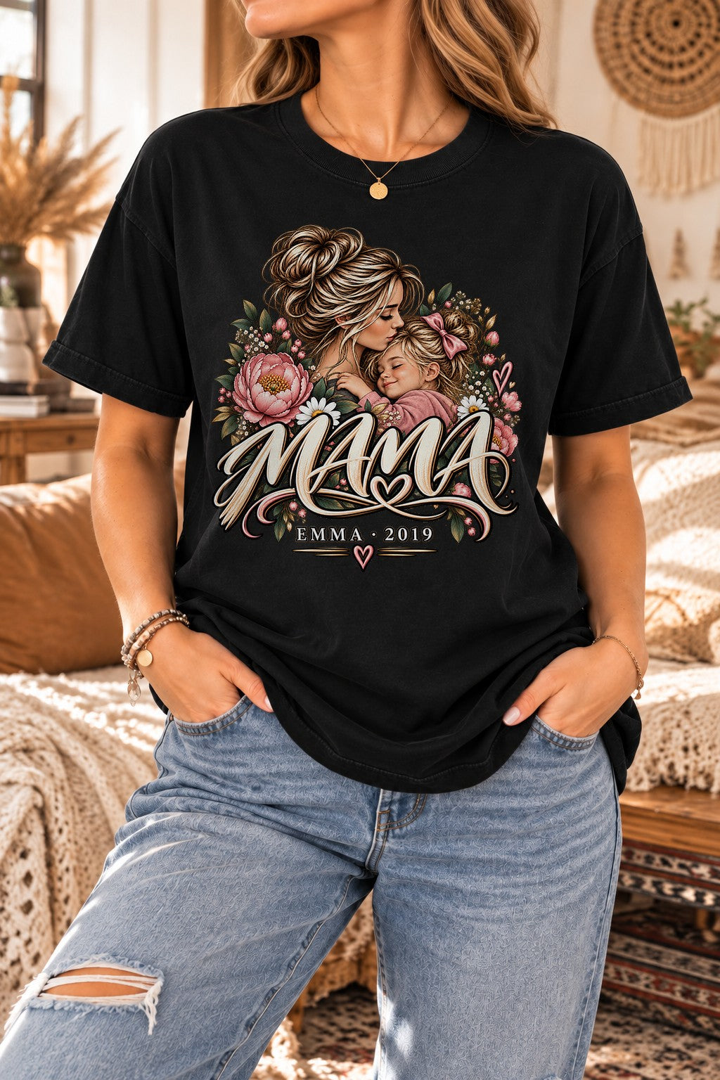 Personalisiert Mama T-Shirt mit Name & Wunschjahr, Blumen Mutter Tochter Shirt, Geschenk fuer Mama, Mama Geschenk individuell