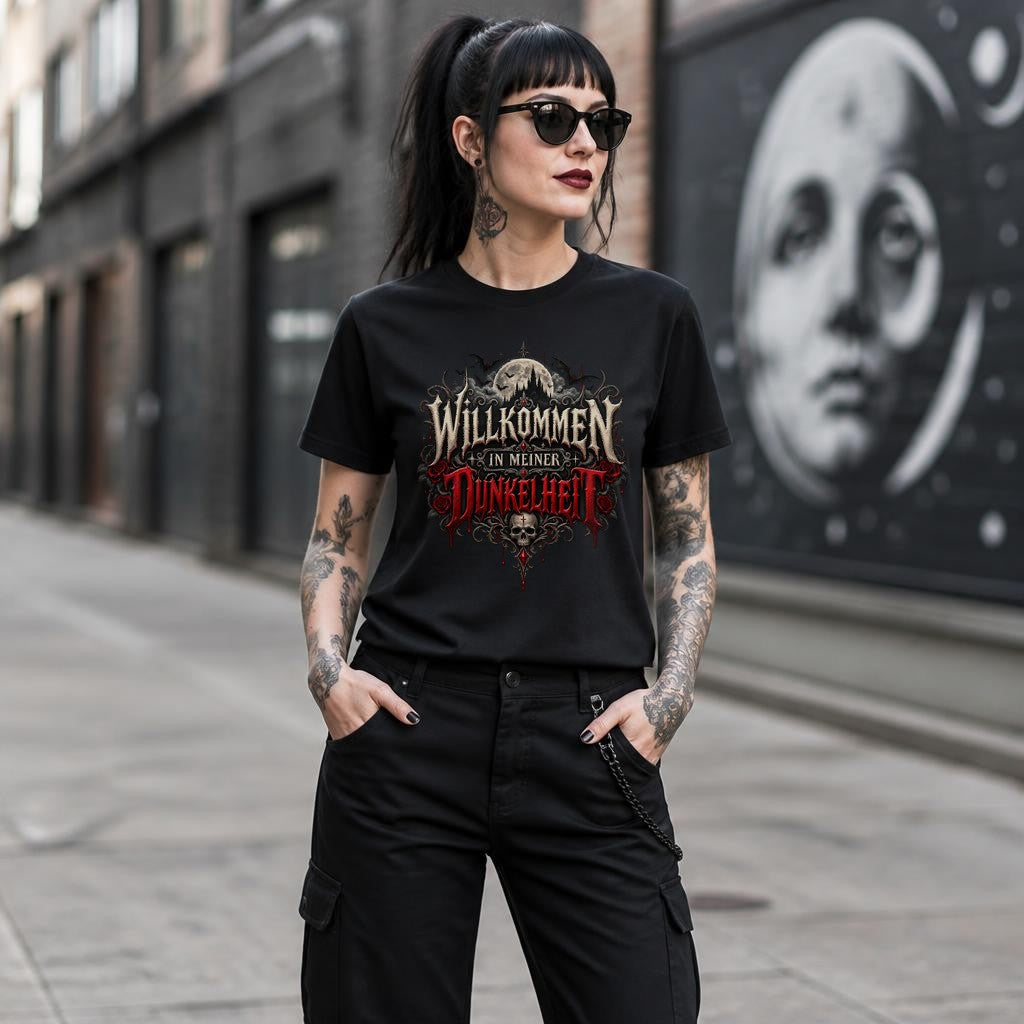 Willkommen in meiner Dunkelheit Gothic T-Shirt Damen, Dark Aesthetic Horror Shirt mit Totenkopf Mond