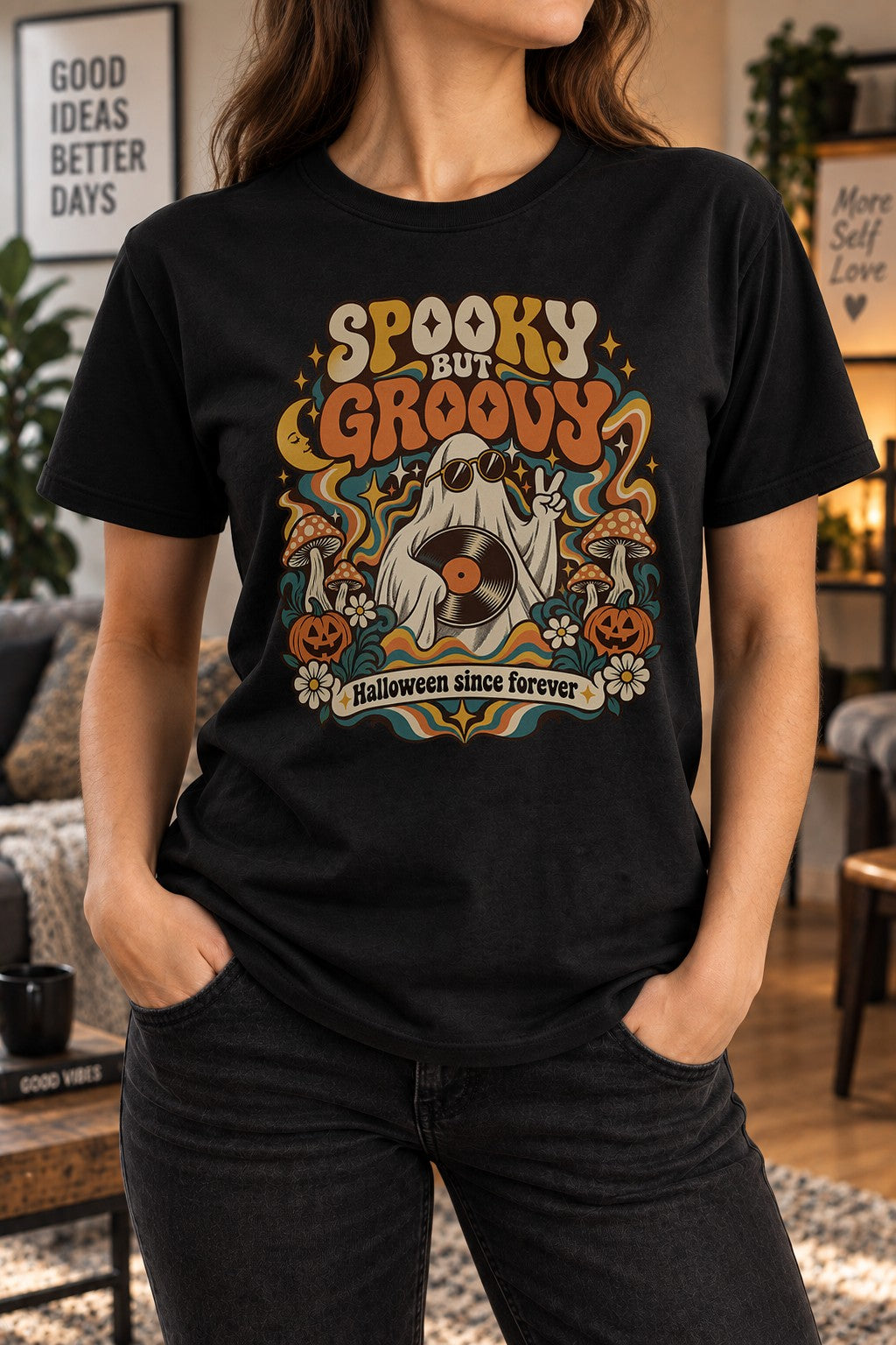 Spooky But Groovy Halloween T-Shirt Damen Retro Ghost Shirt Boho Herbst Vintage Halloween since forever
