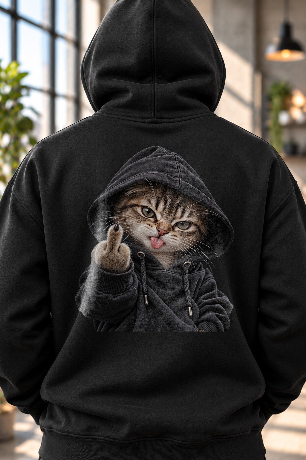 Freche Katze Hoodie Schwarz, Streetwear Katzen Pullover mit Mittelfinger Cat Print, Lustiger Unisex Backprint Hoodie