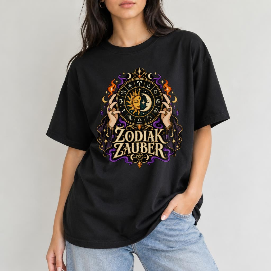 Zodiak Zauber T-Shirt Damen Unisex Astrologie Sternzeichen Mystic Gothic Retro Shirt Sonne Mond Oversized Schwarz