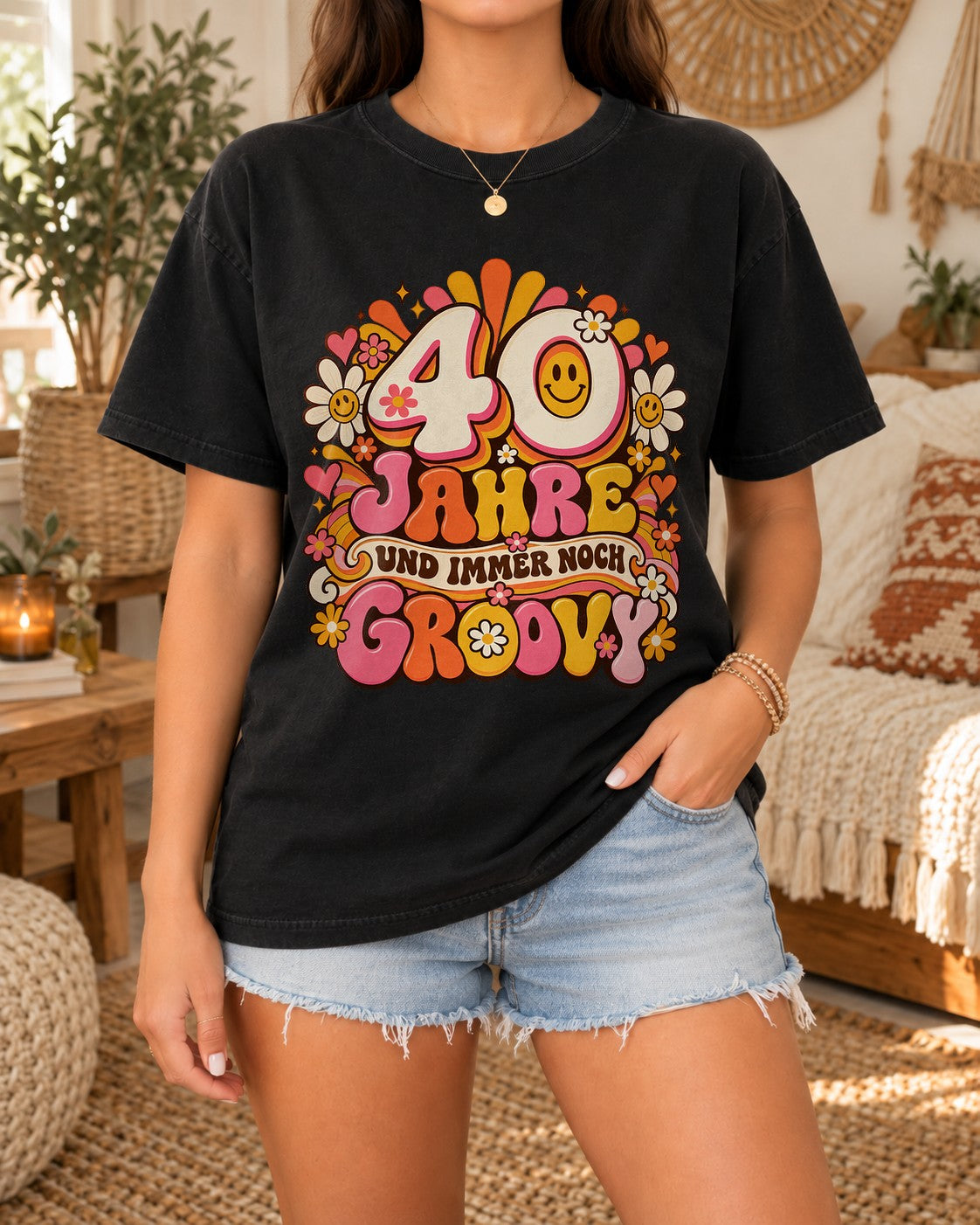 Camiseta de cumpleaños personalizada para mujer retro, camiseta de cumpleaños groovy con edad, regalo boho individualizado de los años 70