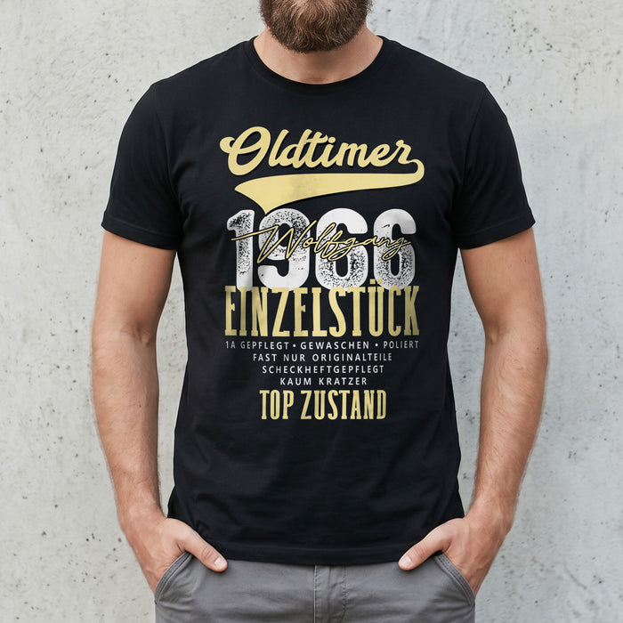"Oldtimer Einzelstück" Personalisiertes T-Shirt mit Name & Baujahr 1966 – Lustiges Geschenk zum 60. Geburtstag für Männer, Papa & Opa