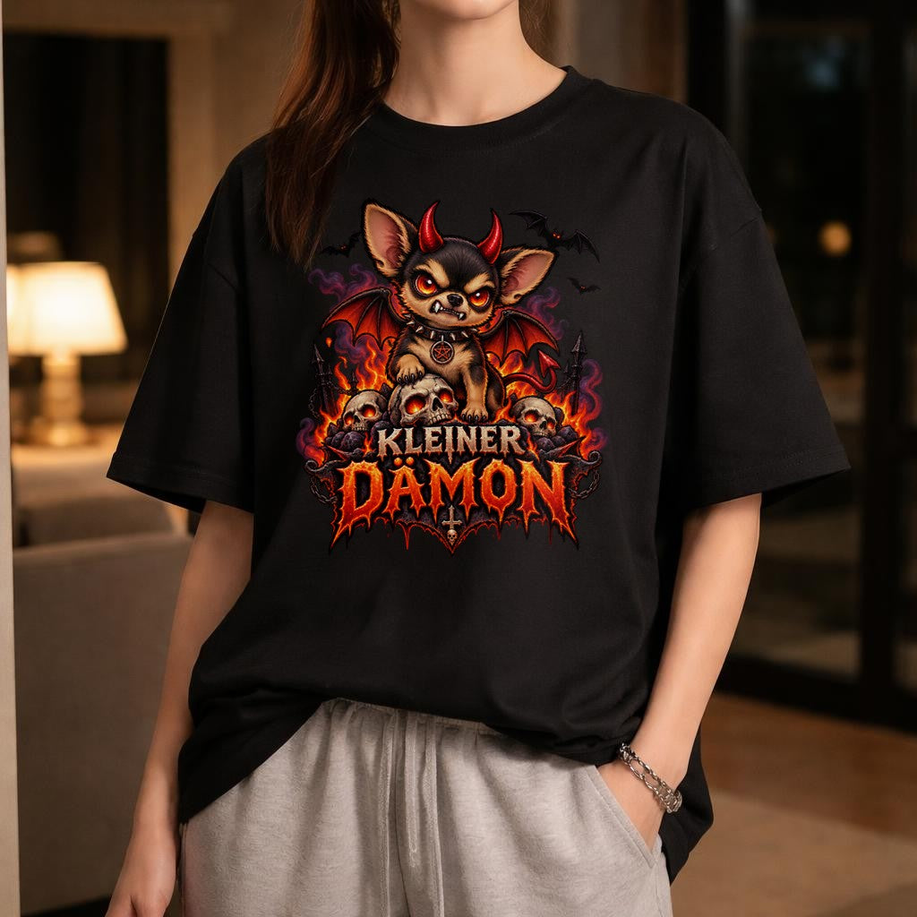 Kleiner Dämon T-Shirt Oversized Damen Herren, Gothic Chihuahua Shirt, Lustiges Horror Halloween Grafik Tee Schwarz