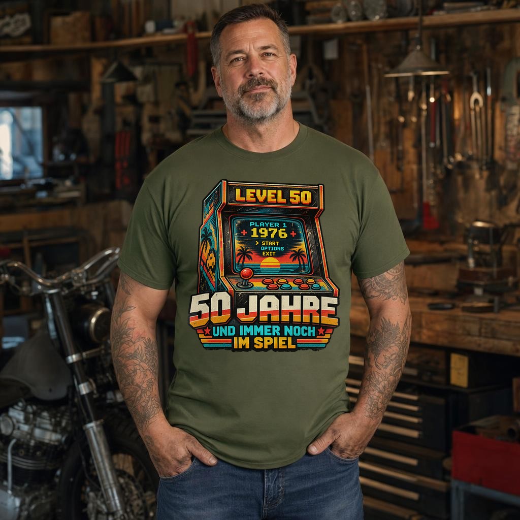 50 Jahre und immer noch im Spiel T-Shirt, Level 50 Geburtstag Shirt Herren, Gamer Geschenk 1976 Retro Arcade