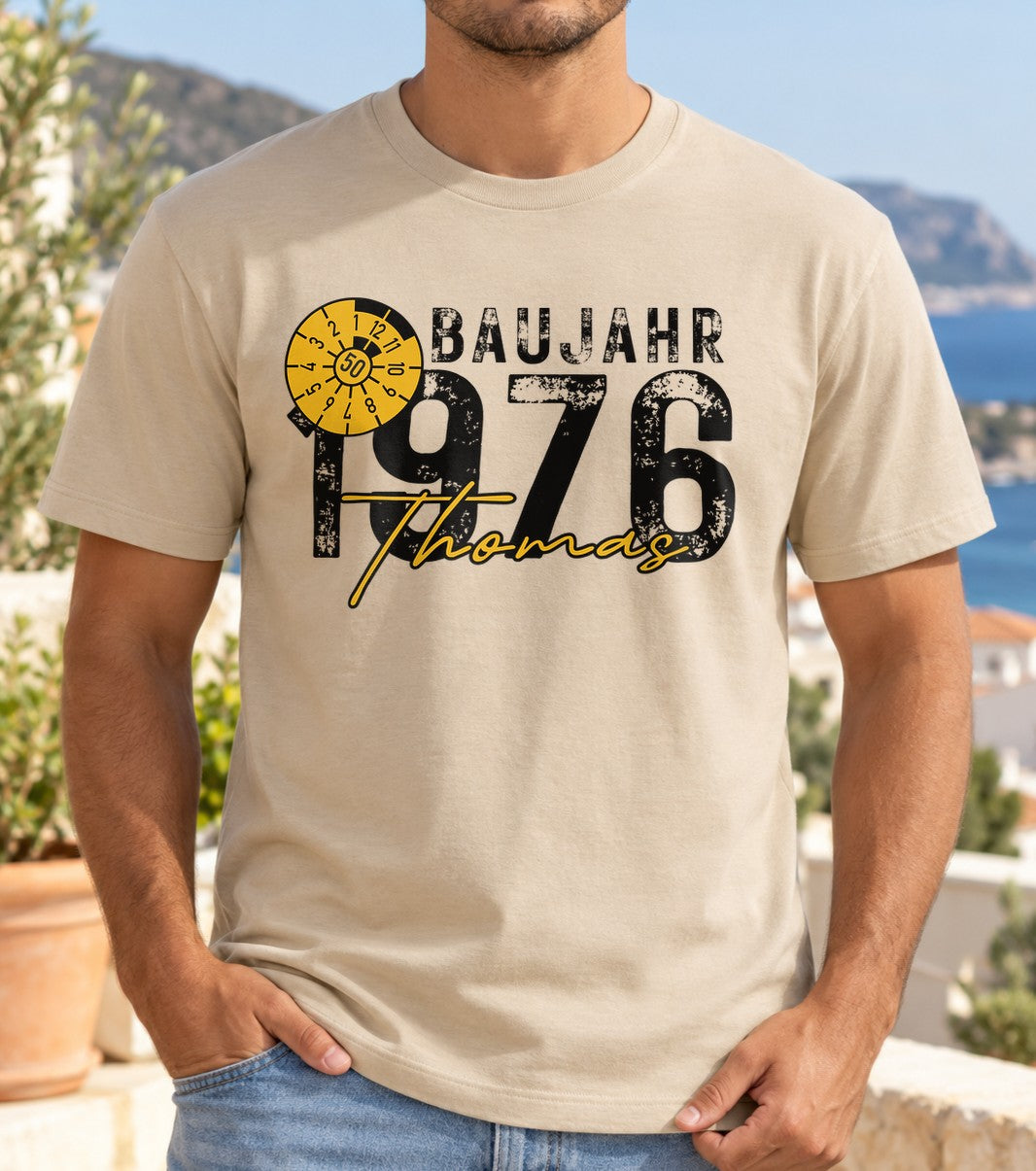 50. Geburtstag T-Shirt personalisiert mit Name Alter und Wunschjahr - Baujahr 1976 Shirt fuer Maenner zum 50 Jahre Geburtstag