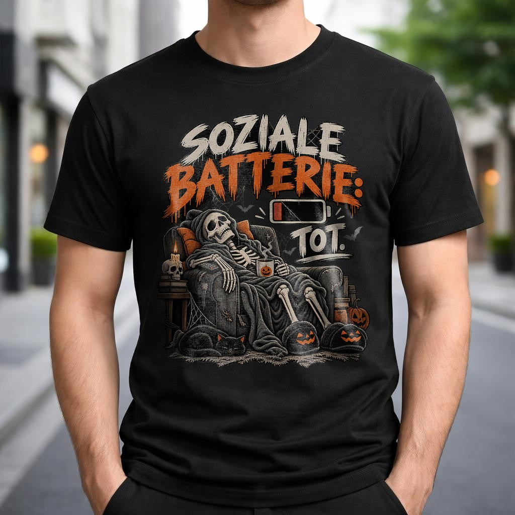 Soziale Batterie Tot T-Shirt Herren Damen Halloween Skelett Shirt lustig Introvertiert Gothic Herbst Geschenk