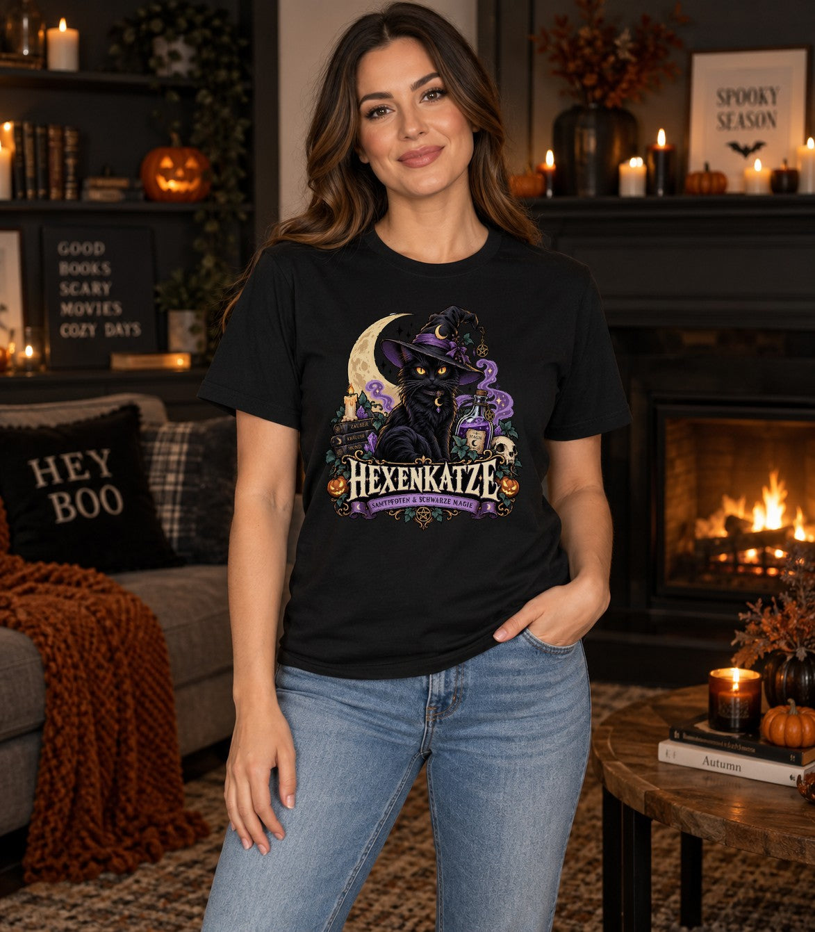 Hexenkatze T-Shirt Damen Halloween Katze Magie Gothic Shirt Schwarze Katze Witchy Geschenk Hexe Herbst Oberteil