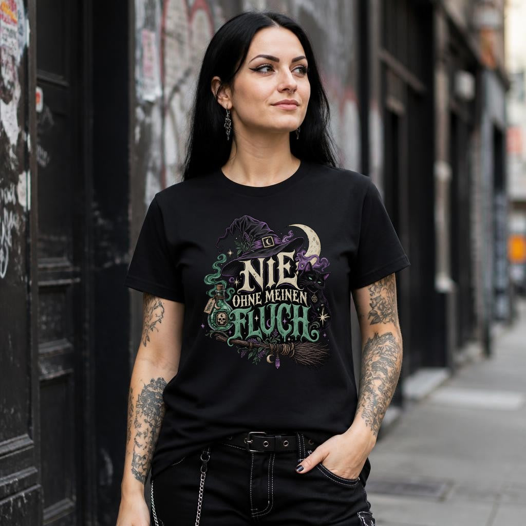 Nie Ohne Meinen Fluch T-Shirt Gothic Witch Cat Halloween Shirt für Damen