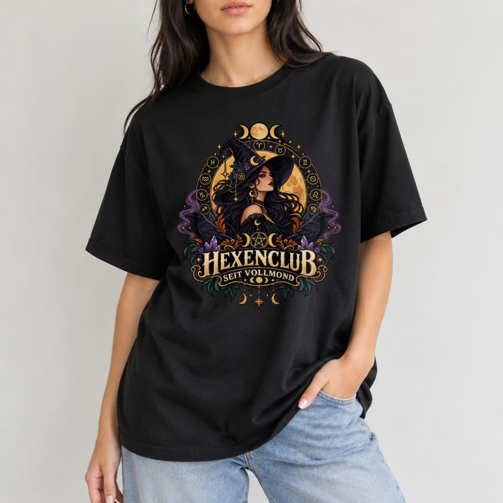 Hexenclub seit Vollmond T-Shirt Damen Oversized, Witchy Gothic Mondphasen Shirt, Halloween Hexe Geschenk