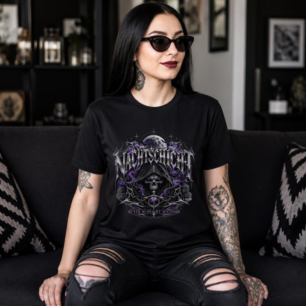 NACHTSCHREI Camiseta gótica para mujer – Camiseta Dark Metal con calavera y luna