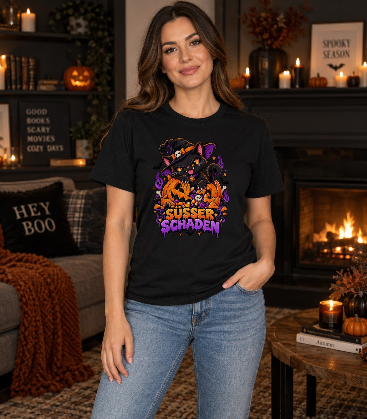 Süsser Schaden Halloween Katze T-Shirt Damen, Schwarze Katze Hexe Kürbis, Lustiges Spooky Shirt Herbst