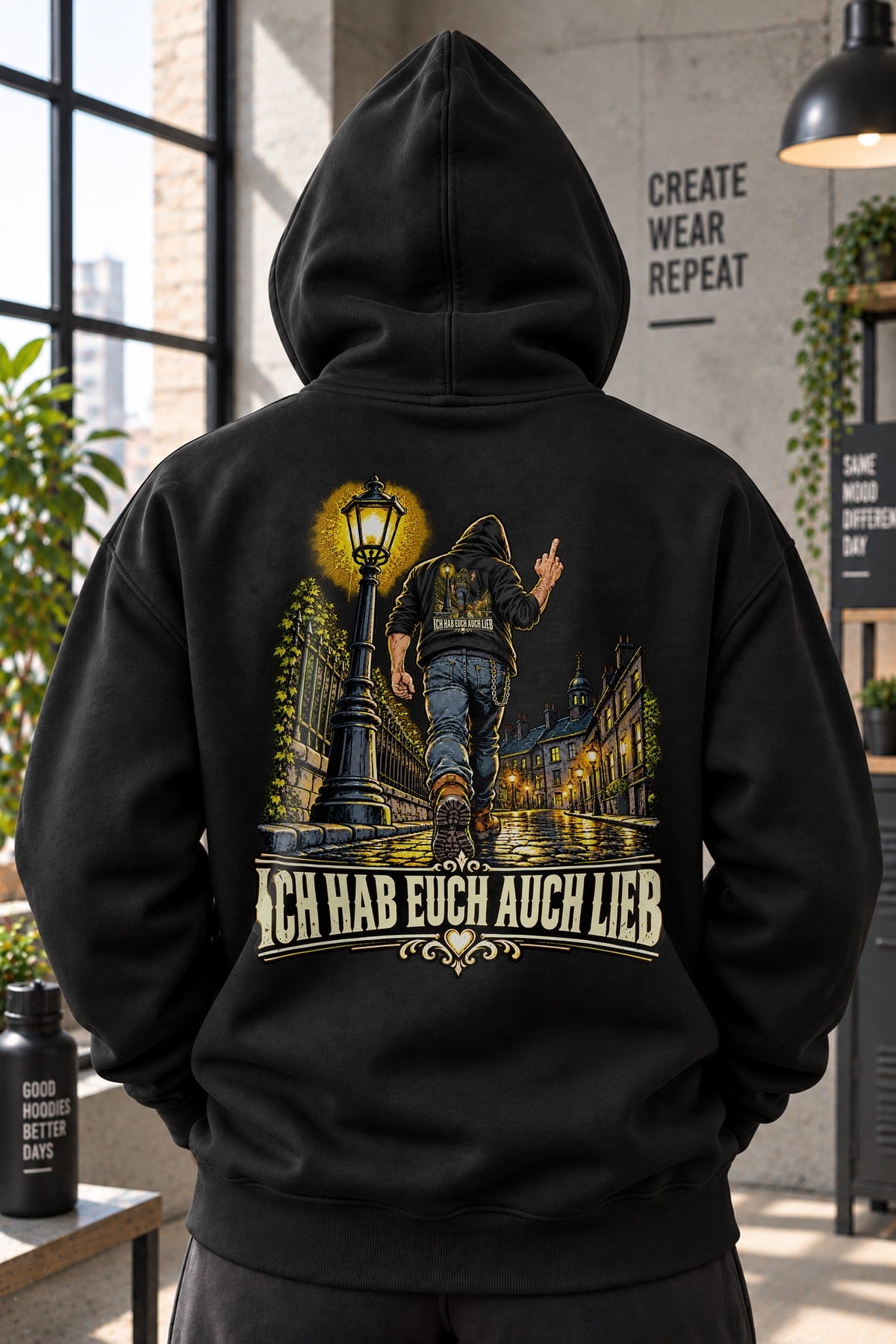 Naechtlicher Spaziergang Backprint Hoodie mit Ich Hab Euch Auch Lieb Spruch - dunkler Streetwear Rueckenprint