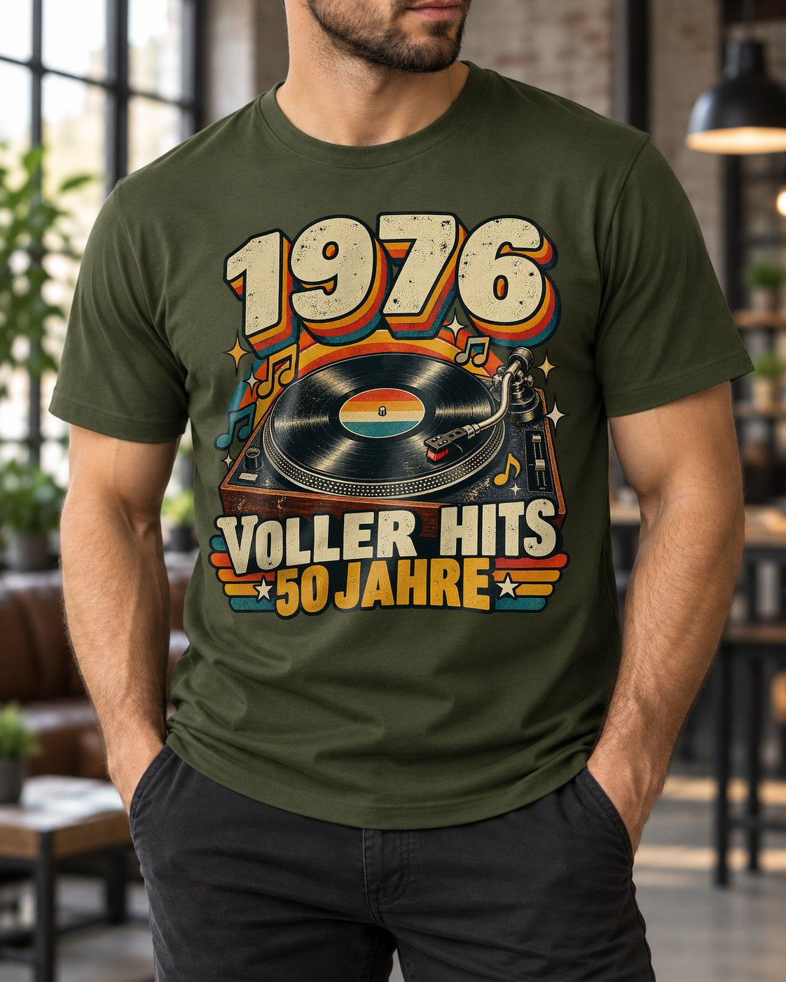 1976 Voller Hits 50 Jahre T-Shirt Herren Damen, Retro Geburtstag Shirt mit Plattenspieler, Jahrgang 1976 Geschenk