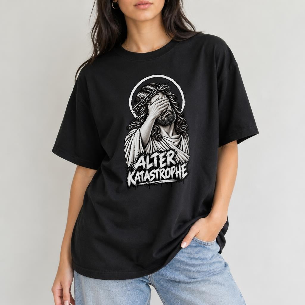 Alter Katastrophe T-Shirt Damen Oversized Lustig Jesus Facepalm Shirt Schwarz Sarkasmus Spruchshirt Unisex Geschenk