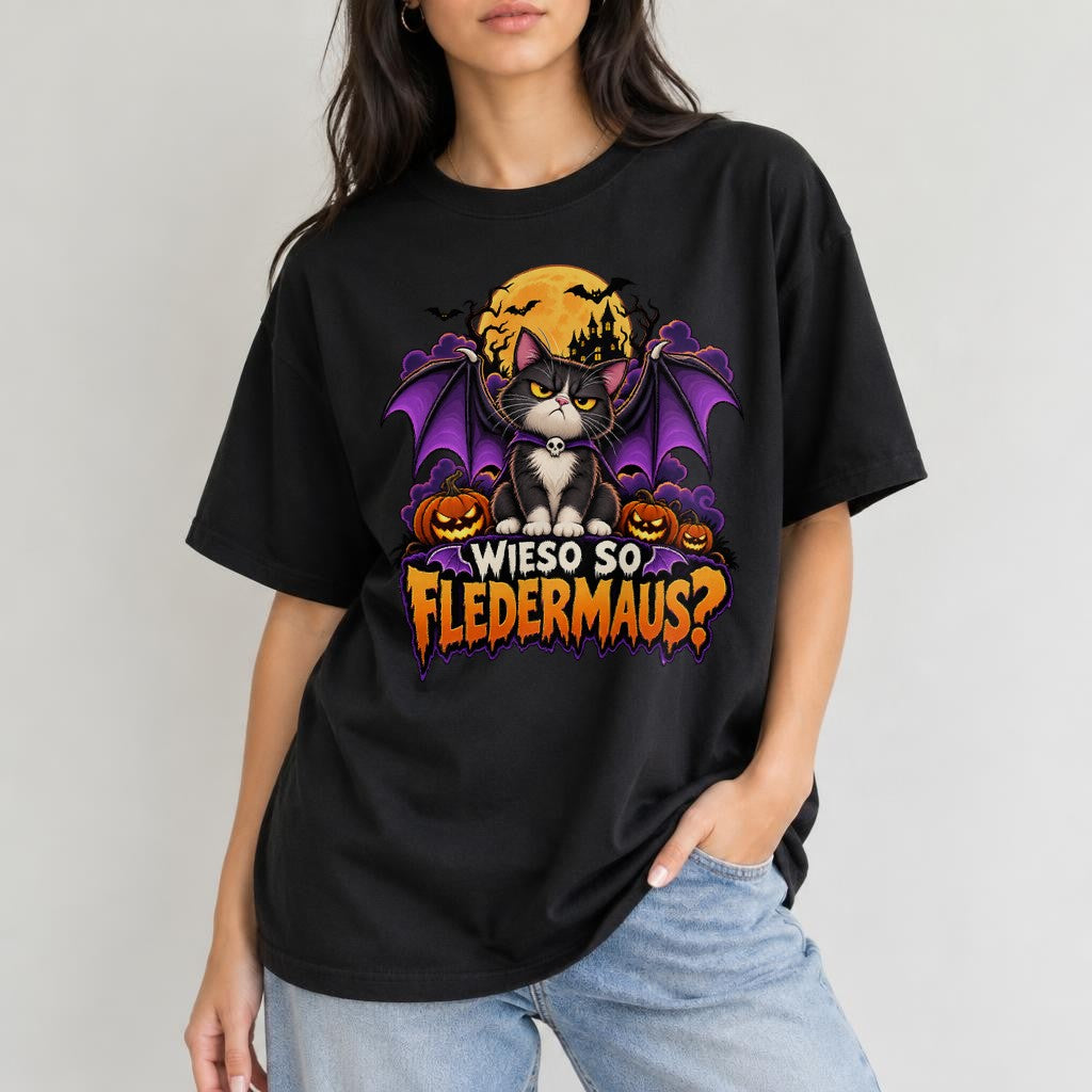 Wieso So Fledermaus T-Shirt Damen Halloween Katze Gothic Lustig Bat Cat Shirt Herbst Grusel Funshirt
