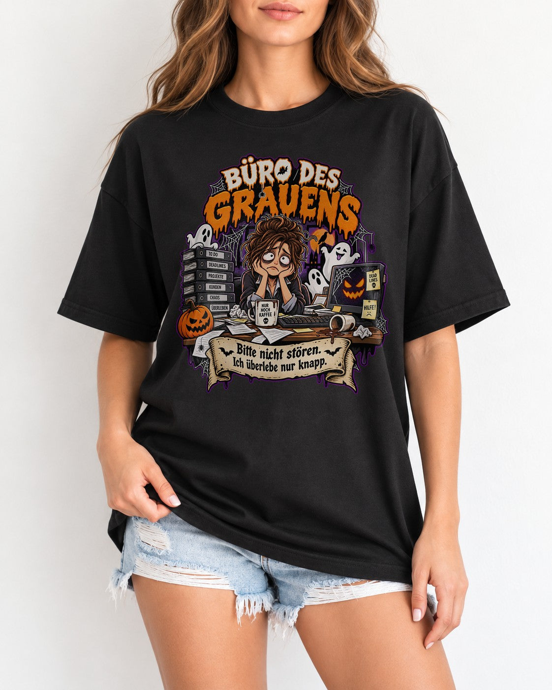 Büro des Grauens T-Shirt Damen Oversized Halloween Büro Humor Shirt Kollegin Geschenk Washed Vintage Look