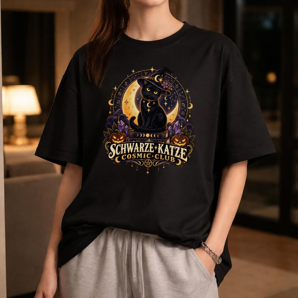 Schwarze Katze Cosmic Club T-Shirt Damen Oversized Halloween Witchy Cat Shirt Gothic Retro Mond Katze