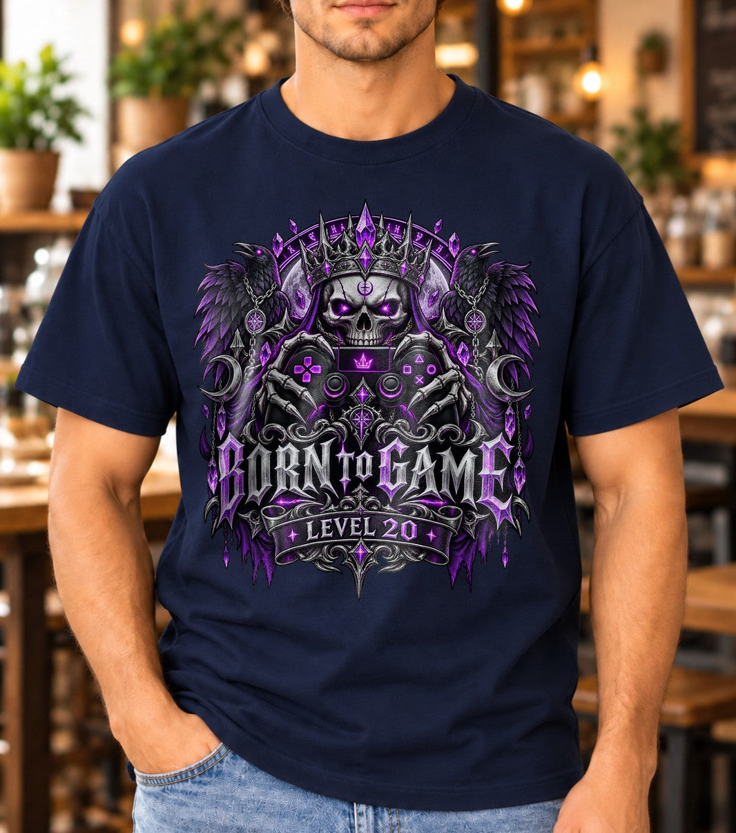 Personalisiert Born to Game T-Shirt mit Alter, Gamer Geburtstag Shirt, Gothic Gaming Geschenk, Level individuell