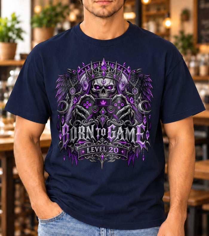 Personalisiert Born to Game T-Shirt mit Alter, Gamer Geburtstag Shirt, Gothic Gaming Geschenk, Level individuell
