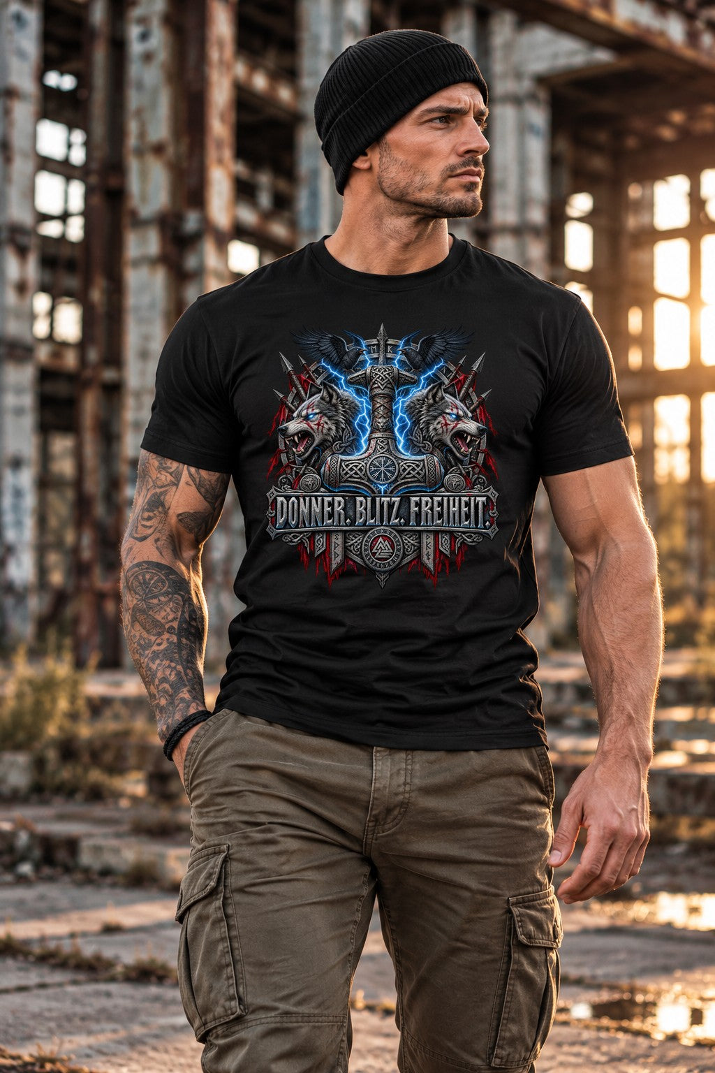 Wikinger T-Shirt Donner Blitz Freiheit, Wolf Thor Hammer Shirt Herren
