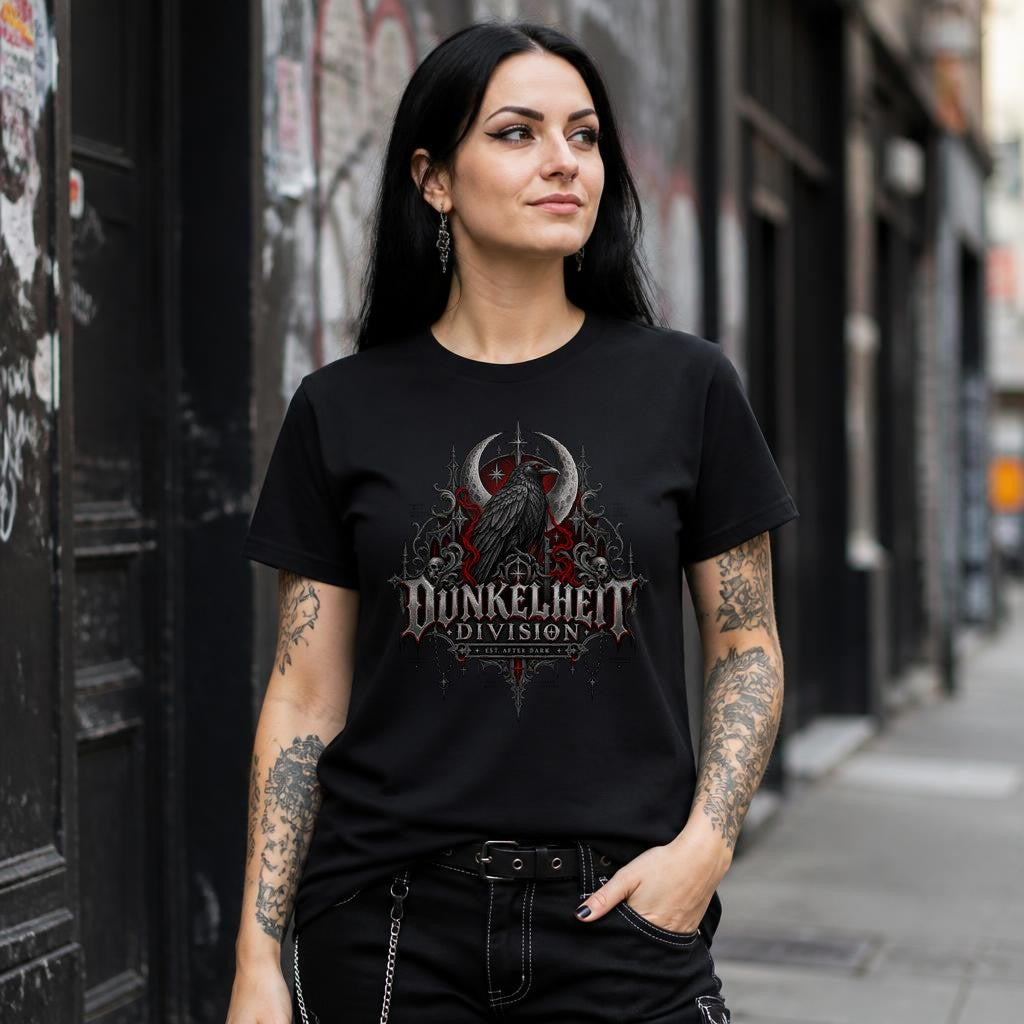 Dunkelheit Division Gothic Raven T-Shirt – Dark Alternative Streetwear mit Rabenmotiv