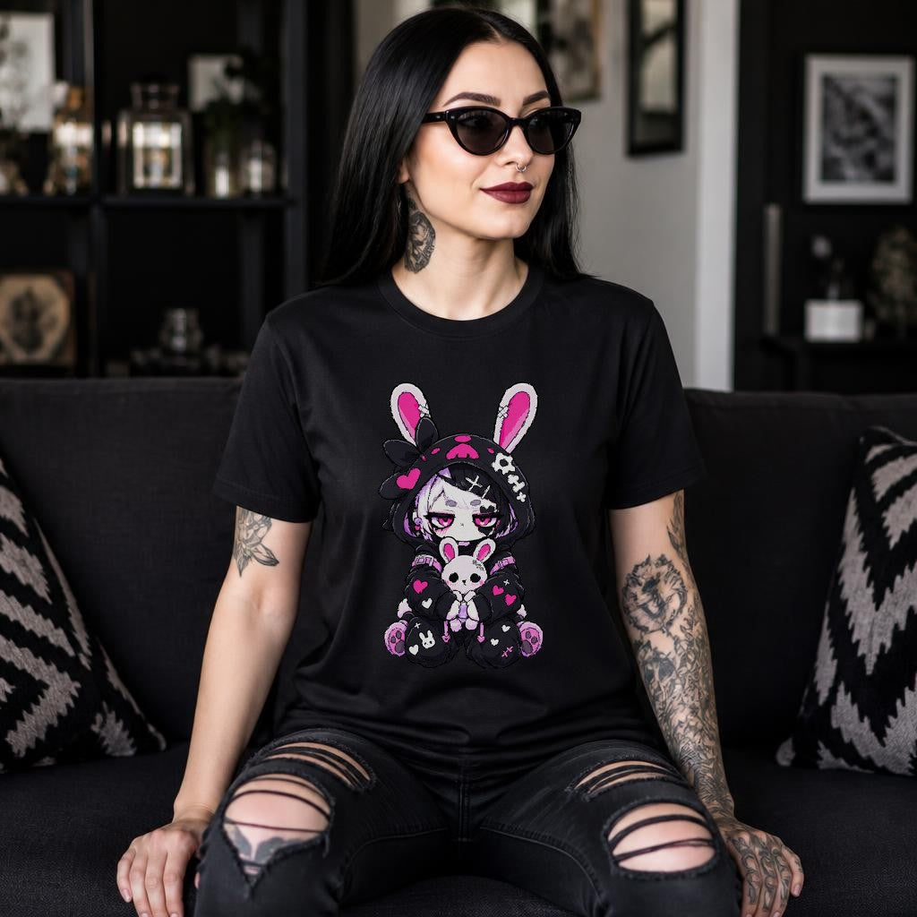 Cute Gothic Bunny T-Shirt Damen | Kawaii Gothic Anime Shirt mit süßem Hasen Motiv